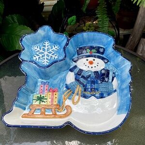 Large Christmas Mercuries Porcelain Snowman Chip & Dip Tray